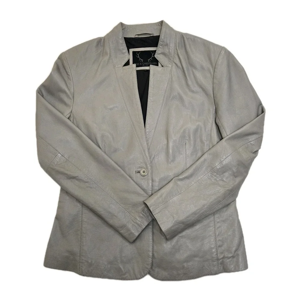 Bod & Christensen Notched Leather Jacket Blazer Single Button Grey Chic Womens L